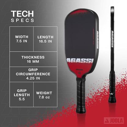 JOOLA Agassi Edge 16mm Pickleball Paddle - Carbon Fiber Pickleball Racket Surface Increases Spin & Control - Agassi Shape with Extended Sweet Spot - UPA-A Certified - USAP Approved - NFC Chip Enabled