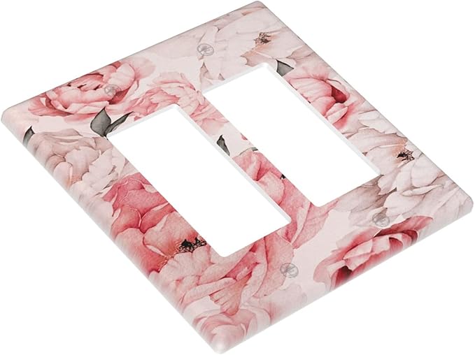 Decorative Outlet Covers Ink Pink Peony Flower Rustic Floral 2 Gang Light Switch Cover Plate Double Rocker Wall Plate Switch Plate Covers Faceplate for Home Bedroom Decor （2 Pack）