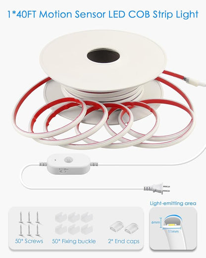 AC 110V Motion Sensor COB LED Strip Light Outdoor Waterproof 40FT/12M Plug In Warm White 3000K High Density 288LED/M Adjustable Time-Delay Flexible Motion Activated Led Light Strip for Cabinet Stairs