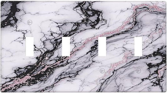 Light Switch Covers White Marble Pattern Black Lines Pink Lines Quad Toggle Electrical Faceplate 4 Gang Wall Plate Decorative Switch Plates for living Room Office Decor