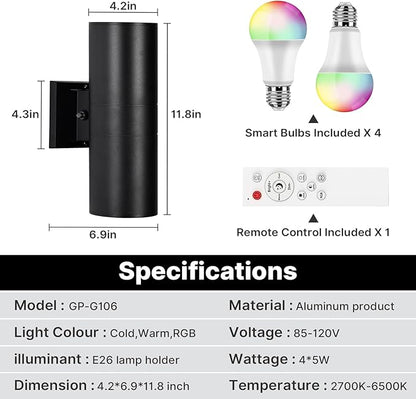 RGBCW Outdoor Wall Light 2 Pack, Smart Porch Light Dusk to Dawn Lighting with Remote Control, WiFi Outdoor Wall Sconce, Compatible with Alexa, Exterior Lights for House Porch Garage