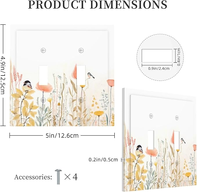 Decorative Switch Plates Colorful Floral Watercolour Cuddly Bird 2 Gang Double Toggle Outlet Light Switch Cover Wall Plate Electrical Faceplate For Bed Room Living Room Decor