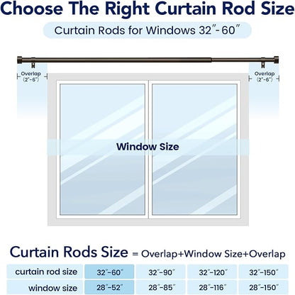 2 Pack Curtain Rods for Windows 28 to 48 Inch(2.3-4ft), 1 Inch Bronze Curtain Rods Set, Adjustable Heavy Duty Curtain Rod for Patio Bedroom Living Room, Modern Drapery Rods, Size 32"- 60"
