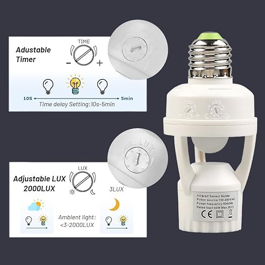 E27 Sensor Lights Socket, Motion Sensor Light Socket 10-300 Sec Delay, 6m Sensing Distance, IR Motion Activated Lamp Holder for Basement, Garage, Staircase (100-240V)
