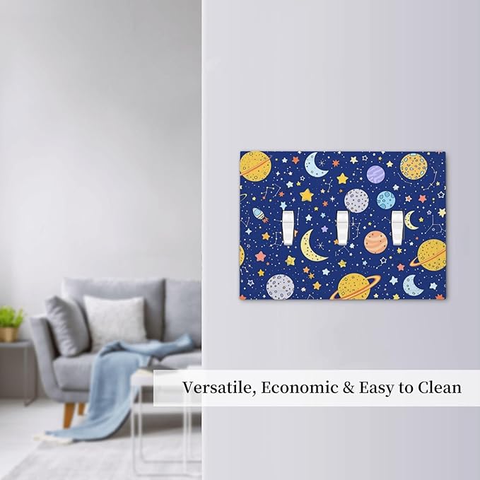 Stars Starry Night Sun Moon Planet Constellations Decorative Switch Plates 3 Gang Wall Plate Triple Toggle Light Switch Cover Electrical Wall Panels Faceplate for Bedroom Bathroom Decor