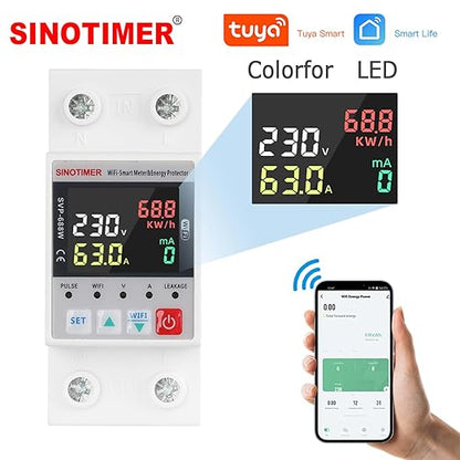 Colorful LED SVP688W WiFi Smart Energy Meter AC 63A 80-300V WiFi Earth Leakage Over Under Voltage Protector Circuit Breaker Din Rail Electricity Energy Monitor APP Remote Control Smart Life 230V
