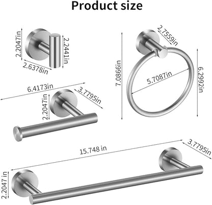 Towel Bar Set Brushed Nickel, Bathroom Towel Ring Set 5pcs Including 2pcs 16'' Tower Bar, Towel Ring and 2 PCS Towel Hooks