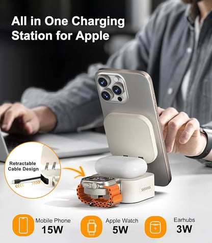 Retractable 3 in 1 Charging Station for Apple [Built in Cable] 22.5W Fast for Magsafe Wireless Charger, Travel Essentials, Magnetic Foldable Stand for iPhone 17 Air Pro Max 16 15 iWatch Airpods