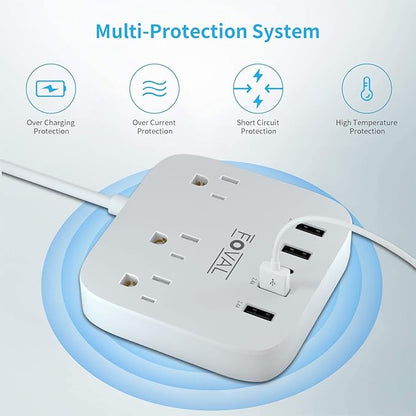 European Travel Plug Adapter, FOVAL EU UK US Power Strip with USB C and 4 USB Ports, 3 AC Outlets, Wall Mountable, 5ft Extension Cord, Compact for Travel, Cruise Ship, Home Office (White)