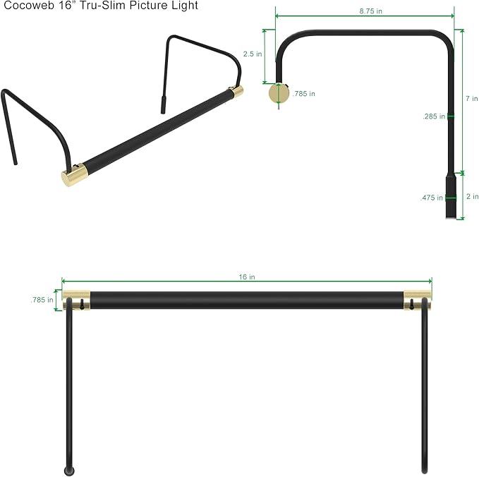 Cocoweb 16 Inch Tru-Slim Black and Brass Picture Light - LED, 2700K, Adjustable Arm, Plug-in, Toggle Switch, Sleek and Compact Design