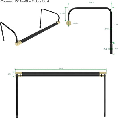 Cocoweb 16 Inch Tru-Slim Black and Brass Picture Light - LED, 2700K, Adjustable Arm, Plug-in, Toggle Switch, Sleek and Compact Design