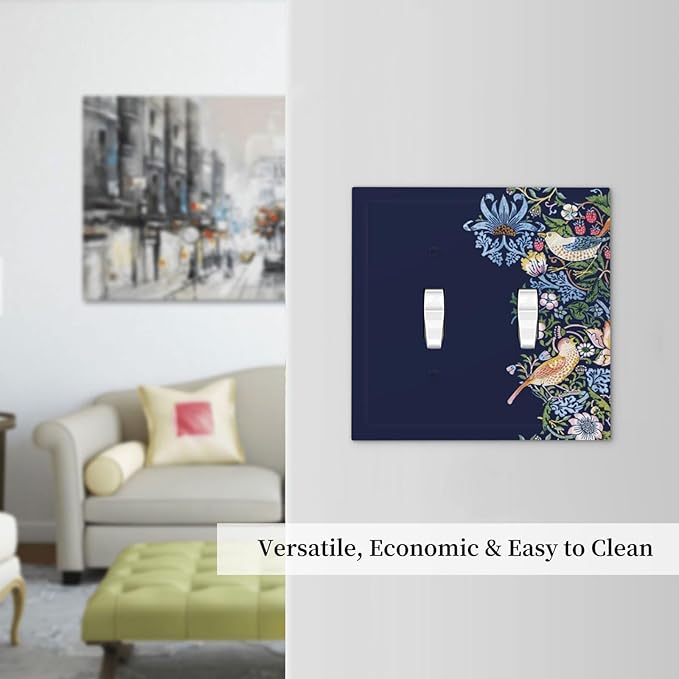 Decorative Light Switch Cover Plate Vintage Blue Morris Strawberry Thief Bird Flower 2 Gang Wall Plate Oversized Double Toggle Two Switch Wall Cover Plate Dual Faceplate