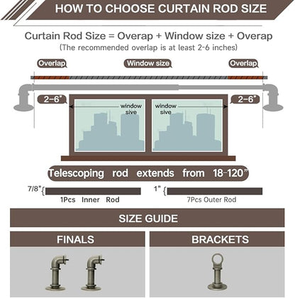 Industrial Curtain Rods for Windows 18 to 120 Inches Adjustable Length, 1 Inch Diameter, with Aluminium Finials (Antique Silver, 18” to 120”)