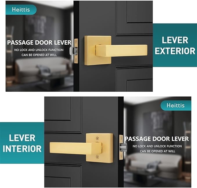 4 Pack Passage Heavy Golden Door Handles,Left and Right Hand Universal, Stain Brass Square Door Handle for Corridor/Hall/Closet/Wardrobe,Residential/Commercial