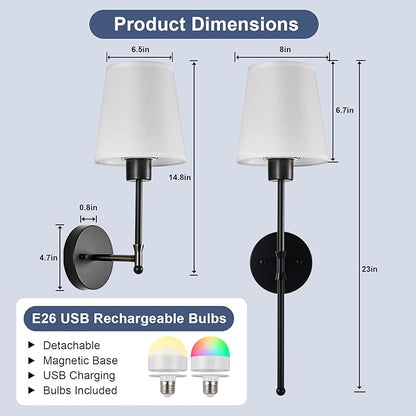 Depuley Battery Operated Wall Sconce: Rechargeable Wall Lamp Set of 2 with Remote and Dimmable Bulb for Home Decor - Wireless Wall Lights with 15 Colors for Bedroom E26 Base Fabric Shade Black