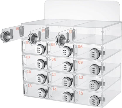 Cell Phone Locker Box 15 Slots Clear Acrylic Cell Phone Organizer Cabinet with Combination Locks Wall-Mounted Locking Cell Phone Storage Box for Classroom Office,Shool,Office (15 Slots, Acrylic)