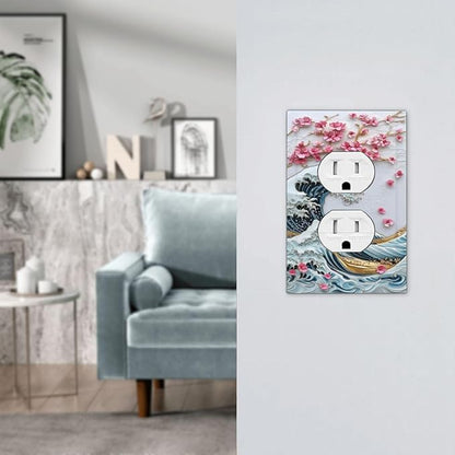 Outlet Covers The Great Wave Off Kanagawa With Sakura 1 Gang Duplex Wall Plate Decorative Switch Plates Electrical Receptacle Faceplate Light Switch Cover for Bedroom Bathroom Decor