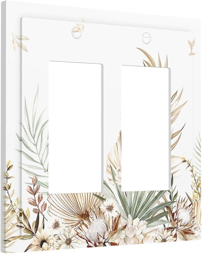 Decorative Outlet Covers Boho Leaves Watercolor Tan Leaf Floral Plant 2 Gang Double GFCI Rocker Electrical Wall Panels Light Switch Cover Plate for Bedroom Home Decor