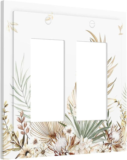 Decorative Outlet Covers Boho Leaves Watercolor Tan Leaf Floral Plant 2 Gang Double GFCI Rocker Electrical Wall Panels Light Switch Cover Plate for Bedroom Home Decor