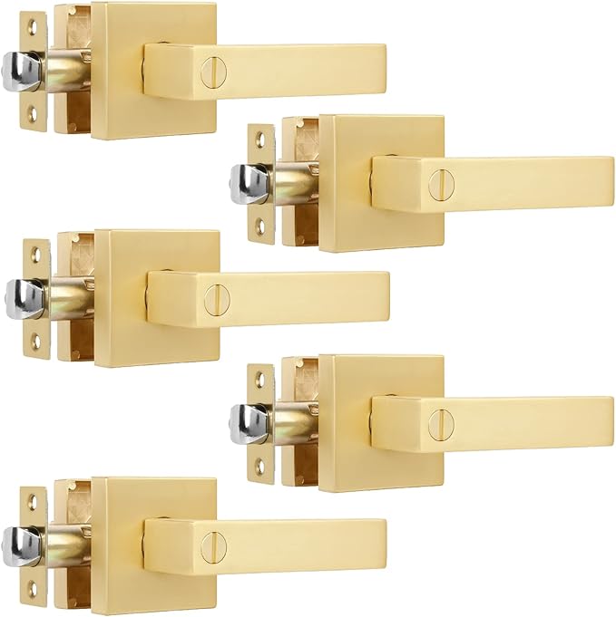 5 Pack Privacy Gold Door Knobs Square Heavy Door Levers for Bed/Bath Room Interior Door Lock Keyless Door Handle for Left and Right Reversible