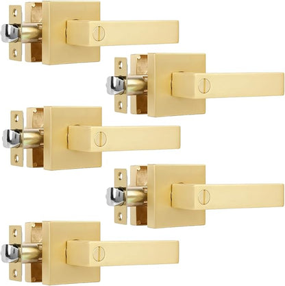5 Pack Privacy Gold Door Knobs Square Heavy Door Levers for Bed/Bath Room Interior Door Lock Keyless Door Handle for Left and Right Reversible
