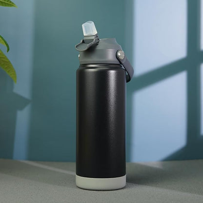 BJPKPK Insulated Water Bottle with Straw Lid, 18oz Thermo Water Bottles with Soft Nozzle, Flex Handle & Non-slip Boot, BPA Free Leak Proof Stainless Steel Metal Thermo, Tumblers, Cups,Black