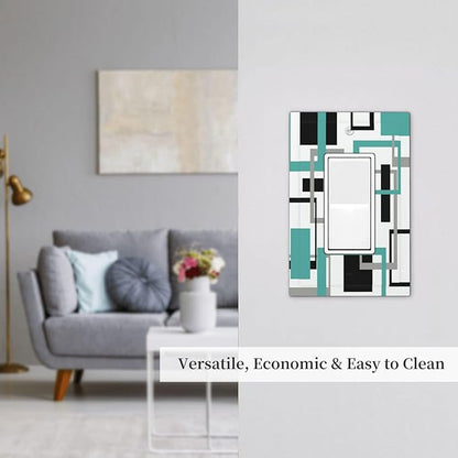 Geometric Turquoise Black Gray Modern Abstract Boho Decorative Outlet Covers 1 Gang Single Rocker Light Switch Cover Plate Wall Plates GFCI Faceplate for Office Nursery Decor