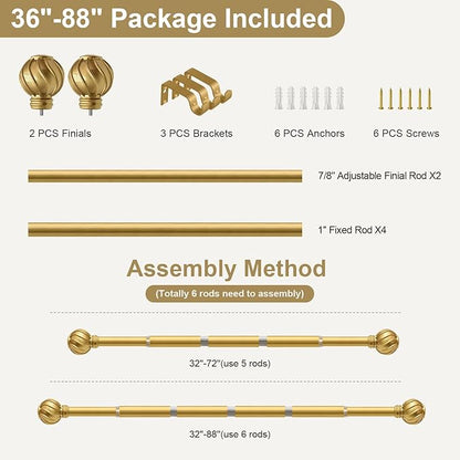 Gold Curtain Rods for Windows 48 to 84 Inch 7/8" Diamete Heavy Duty Adjustable Window Curtain Rod with Decorative Finials for Farmhouse Bedroom Living Room Kitchen Outdoor