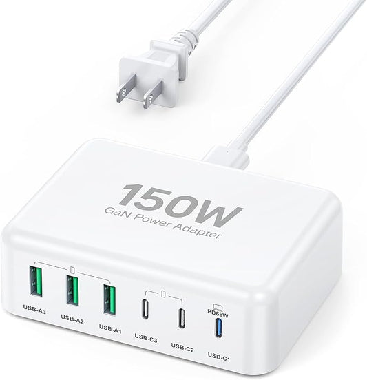 USB C Fast Charger, 150W 6 Port Desktop PD GaN Fast Charger Charging Station Block 65W USB C Laptop Power Adapter for MacBook Pro/Air iPad iPhone 17 16 15 14 13 Pro Max Galaxy S24 Note 20 Pixel