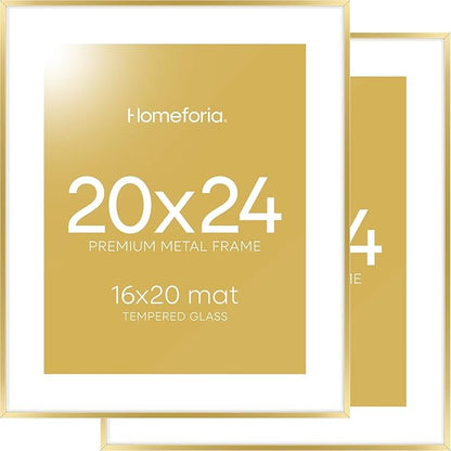 Homeforia 20x24 Picture Frame Gold, High End Metal 24x20 Frames for Wall, 20x24 Gold Frame Matted to 16x20 Print, 20 x 24 Poster Large Frame with Mat 16 by 20 Photo, Tempered Glass, Wall Kit, Set of 2