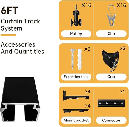 Ceiling Curtain Track Ceiling and Wall Mounted Heavy-Duty Curtains Rails Room Divider Curtains Shower RV Tracks Ceiling Sliding Curtain Rods With Clips,Black 6ft.