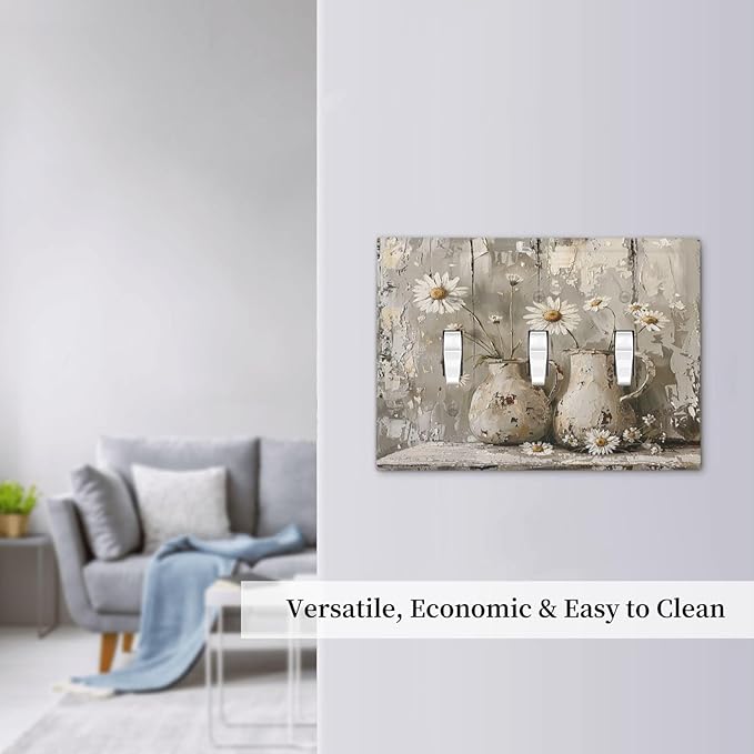 Decorative Switch Plates Vintage Rustic Floral White Daisy Flower Oil Painting Style 3 Gang Wall Plate Triple Toggle Light Switch Cover Faceplate Electrical Wall Panels for Home Farmhouse
