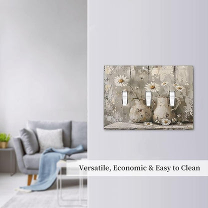 Decorative Switch Plates Vintage Rustic Floral White Daisy Flower Oil Painting Style 3 Gang Wall Plate Triple Toggle Light Switch Cover Faceplate Electrical Wall Panels for Home Farmhouse