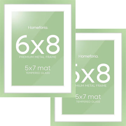 Homeforia Sage Green 6x8 Picture Frame, High End Metal 6 x 8 Frames with Mat 5 x 7 for Photo, 6by8 Desk Frame Matted to 5x7 inch Art, 6 by 8 Wall or Tabletop Frames, Tempered Glass, Wall Kit, Set of 2