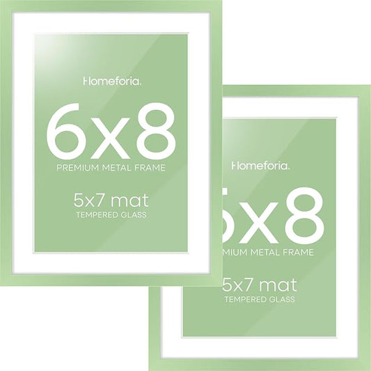 Homeforia Sage Green 6x8 Picture Frame, High End Metal 6 x 8 Frames with Mat 5 x 7 for Photo, 6by8 Desk Frame Matted to 5x7 inch Art, 6 by 8 Wall or Tabletop Frames, Tempered Glass, Wall Kit, Set of 2