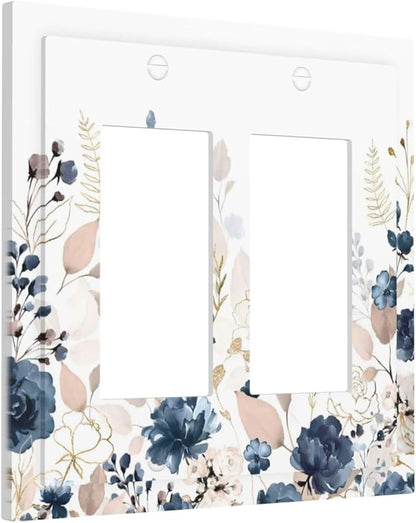 Blue Flora Boho Vintage Flower Golden Leaves Decorative Outlet Covers 2 Gang Double GFCI Rocker Electrical Wall Panels Light Switch Cover Plate for Bedroom Living Room Decor