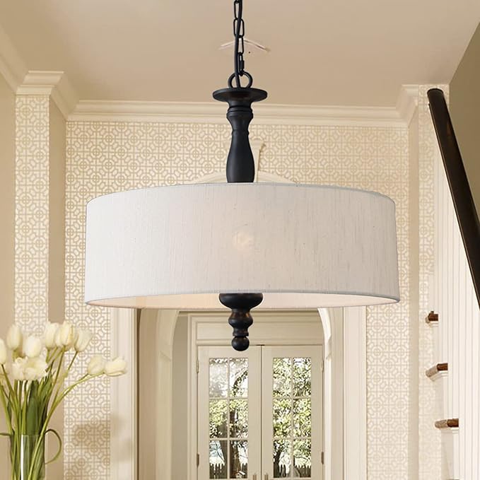 4 Light Drum Chandeliers, Beige Linen Drum Pendant Lighting Fixture with Black Metal Rod Adjustable Hanging Chain Ceiling Lights for Kitchen Island Dining Table Entryway Dia 17.3inch