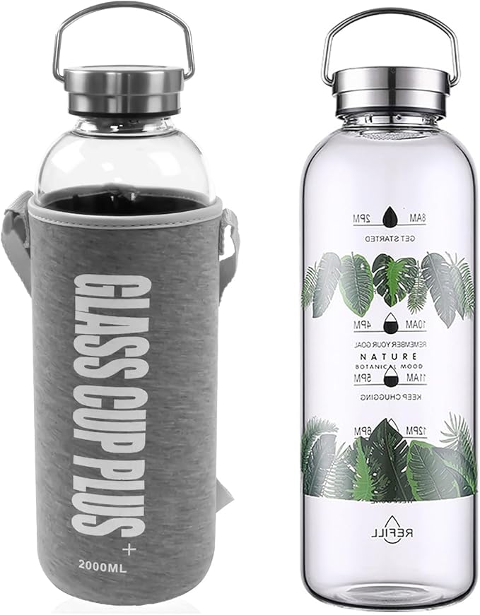 2 Liter Large Glass Water Bottle with Motivational Daily Water Intake Marks,Drinking Bottle,64 oz Resuable Wide Mouth Glass Bottles with Handle Sleeve, BPA Free for Gym/Office (Slivery Lid)