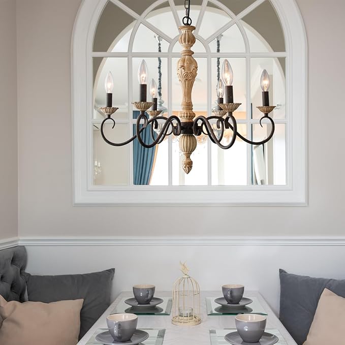 French Country Chandelier-Farmhouse Chandeliers for Dining Room 6 Lights Fixture Rust Imitation Wood Finish for Living Room, Bedroom, Kitchen, Stairway, Bathroom (Dia 23.3”)