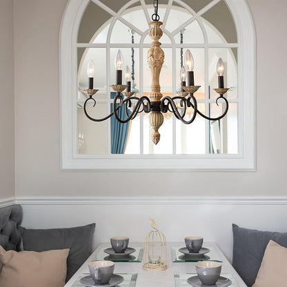 French Country Chandelier-Farmhouse Chandeliers for Dining Room 6 Lights Fixture Rust Imitation Wood Finish for Living Room, Bedroom, Kitchen, Stairway, Bathroom (Dia 23.3”)