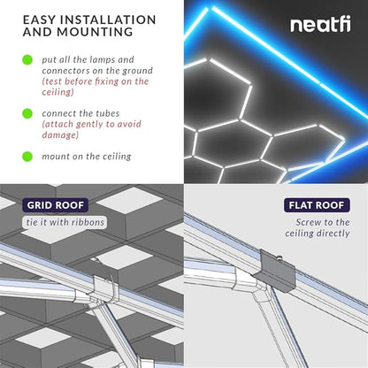 Neatfi LED Hexagon Garage Light 60,720 Lumens, 552W, Honeycomb Ceiling Light for Car Detailing, Auto Shops, Workshop, Warehouse, and Gym (15 Hex Grids, Blue)