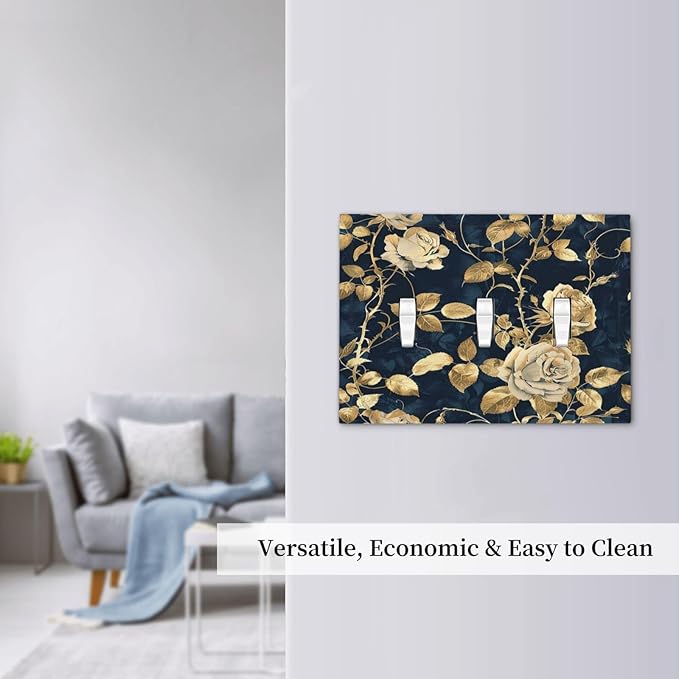 Decorative Switch Plates Boho Vintage Floral Golden Flower Dark Blue Background 3 Gang Wall Plate Triple Toggle Light Switch Cover Faceplate Electrical Wall Panels for Bedroom living Room