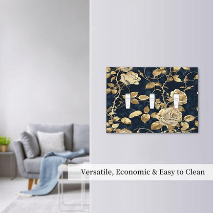Decorative Switch Plates Boho Vintage Floral Golden Flower Dark Blue Background 3 Gang Wall Plate Triple Toggle Light Switch Cover Faceplate Electrical Wall Panels for Bedroom living Room