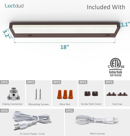 LED Under Cabinet Lighting Hardwired or Plug in, 18 Inch 9W, Dimmable 5 Color 2700K/3000K/3500K/4000K/5000K, Linkable Eyes Care Design Counter Lights for Kitchen, Sink, ETL Listed, Bronze