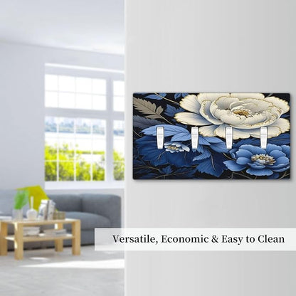 Blue White Flowers Light Switch Covers Quad Toggle 4 Gang Wall Plate Decorative Switchplate Electrical Faceplate for Farmhouse Bathroom Living Decor