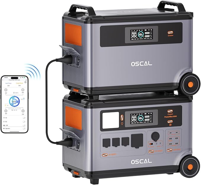 OSCAL 6000W Solar Generator with with Expansion Battery,120V/240V Dual Voltage Power Station,7.2kWh Capacity Lifepo4 Battery with 14 Outlets,2200W 1.96H Fast Charge,Promax6000 for Home Backup.