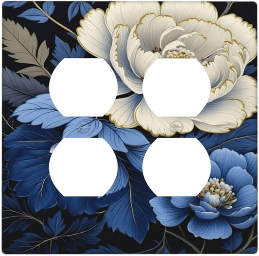 Decorative Outlet Covers Rustic Blue White Flowers Big Floral 2 Gang Wall Plate Double Duplex Light Switch Cover Switch Plate Covers Faceplate for Country Bedroom Home Decor