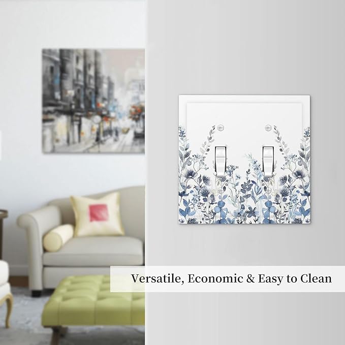 Decorative Switch Plates Light Blue Watercolor Leaves Plant With Floral 2 Gang Double Toggle Outlet Light Switch Cover Wall Plate Electrical Faceplate for Bedroom Bathroom Decor