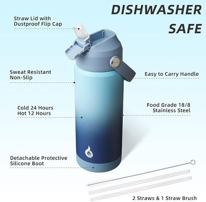 BJPKPK Insulated Water Bottle with Straw Lid, 18oz Thermo Water Bottles with Soft Nozzle, Flex Handle & Non-slip Boot, BPA Free Leak Proof Stainless Steel Metal Thermo, Tumblers, Cups,Sky