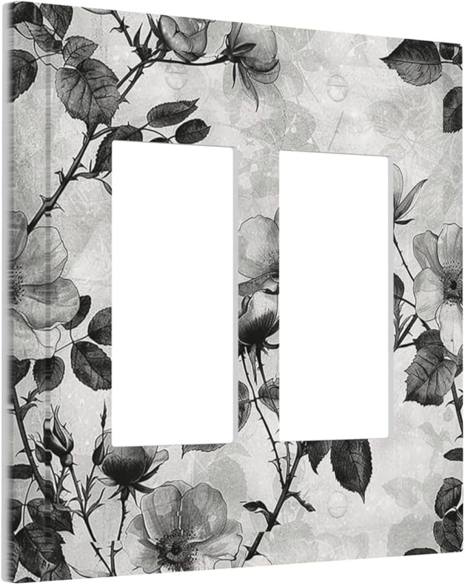 Decorative Outlet Covers Black Breezy Watercolor Garden Floral 2 Gang Double GFCI Rocker Electrical Wall Panels Light Switch Cover Plate for Bedroom Home Decor